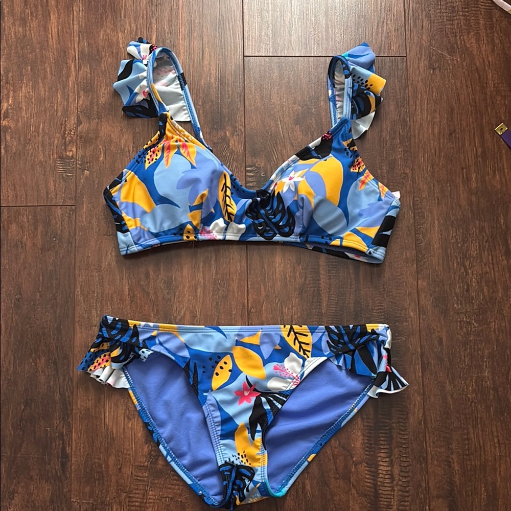 No Boundaries Blue and Yellow Bikini with Ruffle Details